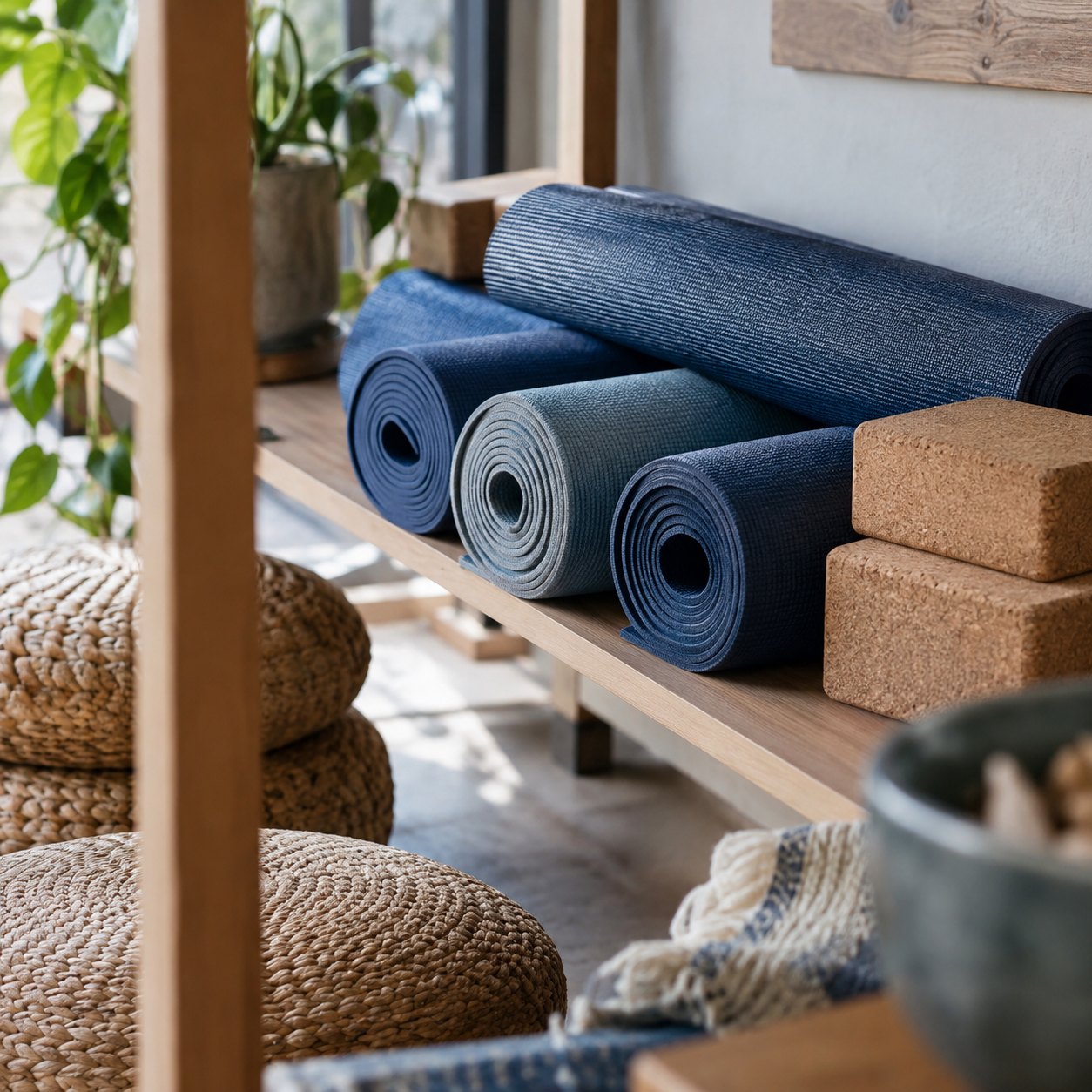 Illustrative scene of wellness studio: rolled yoga mats, cork blocks, woven floor cushions